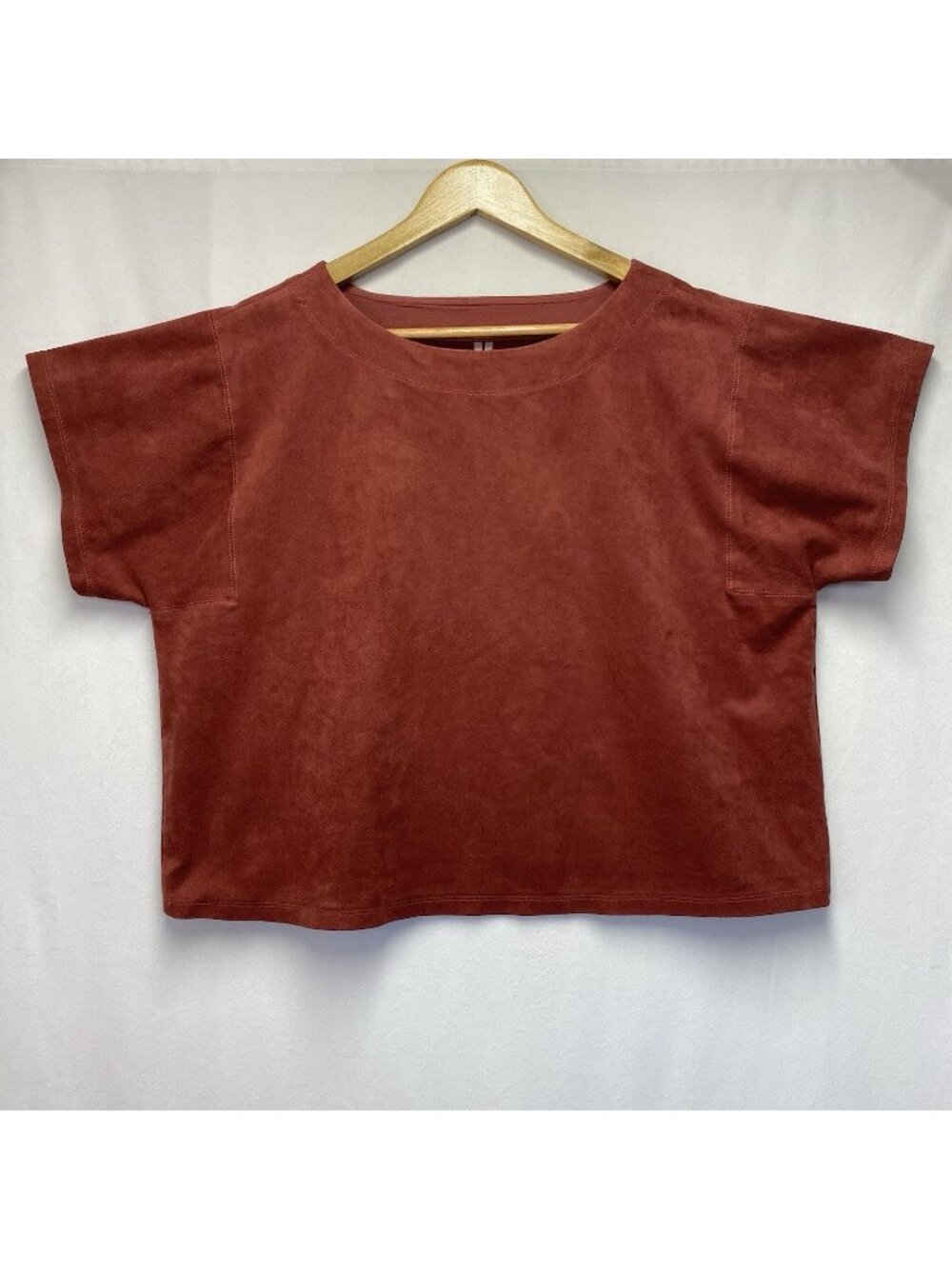 Anthropologie Timothee Faux Suede Boxy Short Sleeve Top Women Medium Rust Red